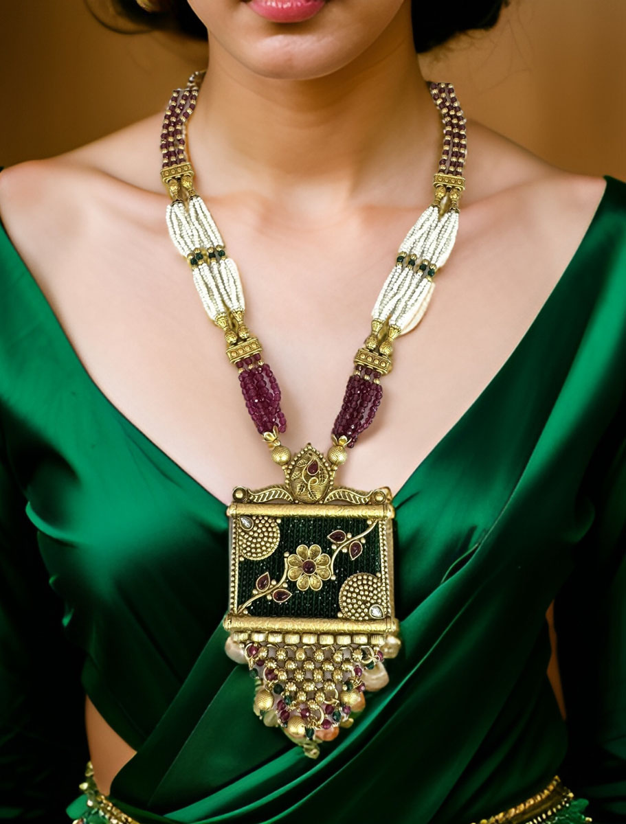 Polki Emerald Green Long Necklace Set