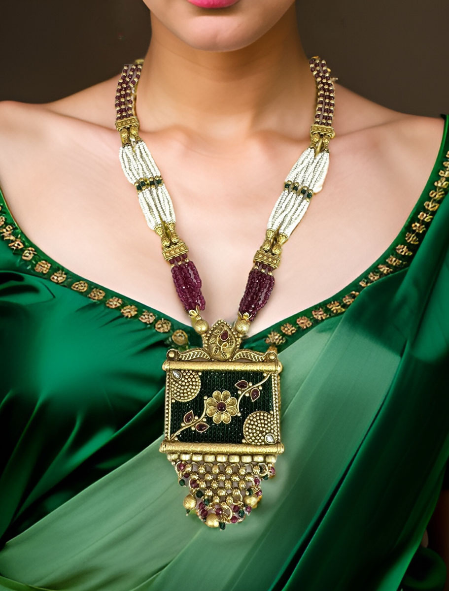 Polki Emerald Green Long Necklace Set