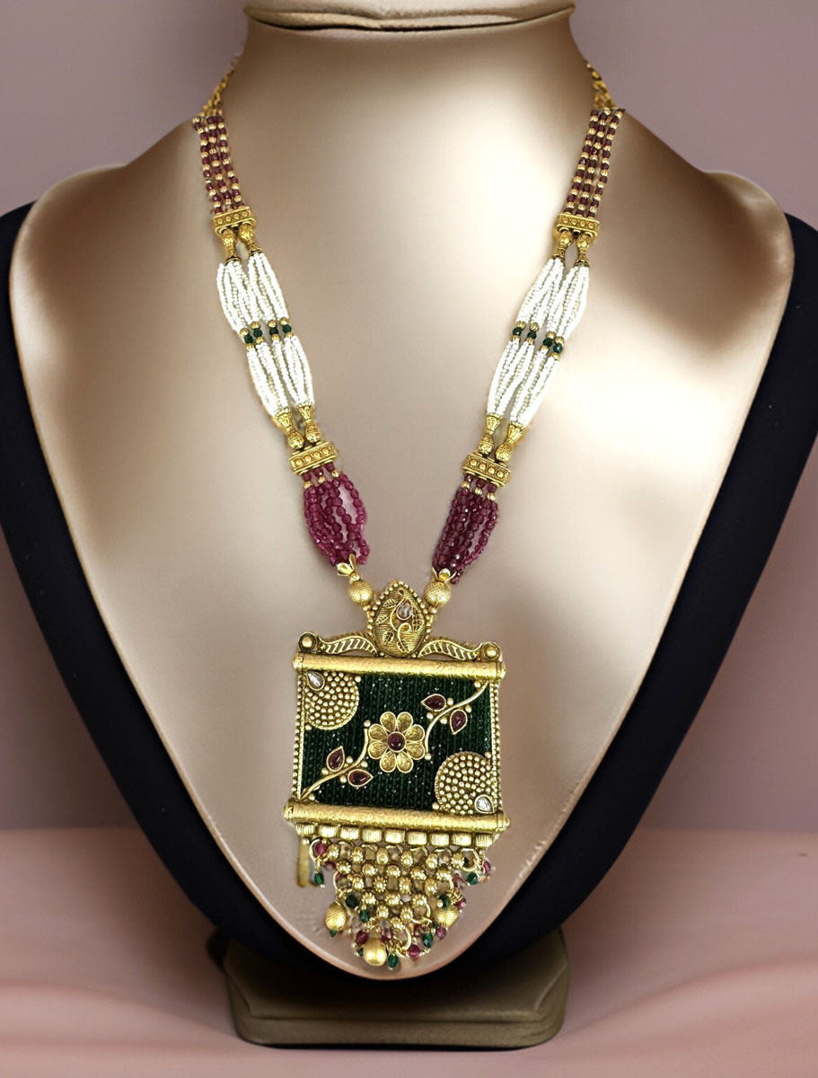 Polki Emerald Green Long Necklace Set