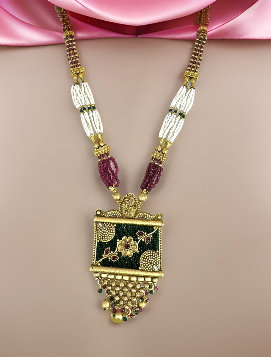 Polki Emerald Green Long Necklace Set