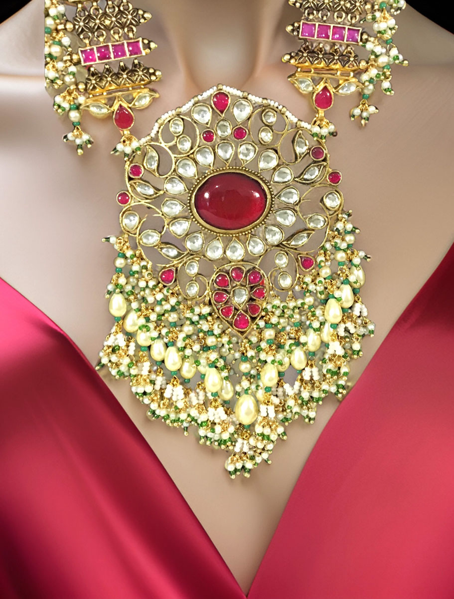 Ruby Pachi Kundan Rani Haar Necklace Set