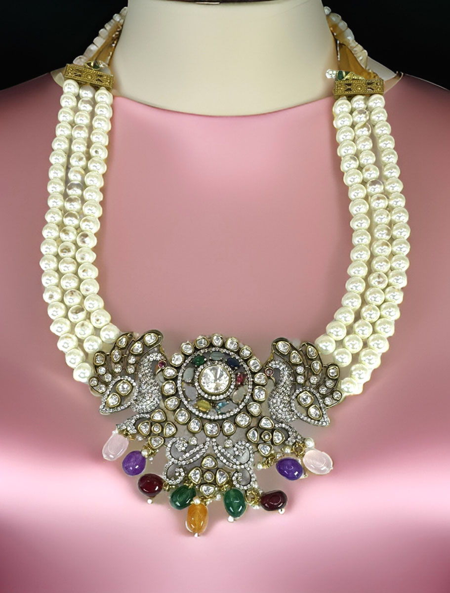 Victorian Navratan Mayur Pendant Pearl Choker Set