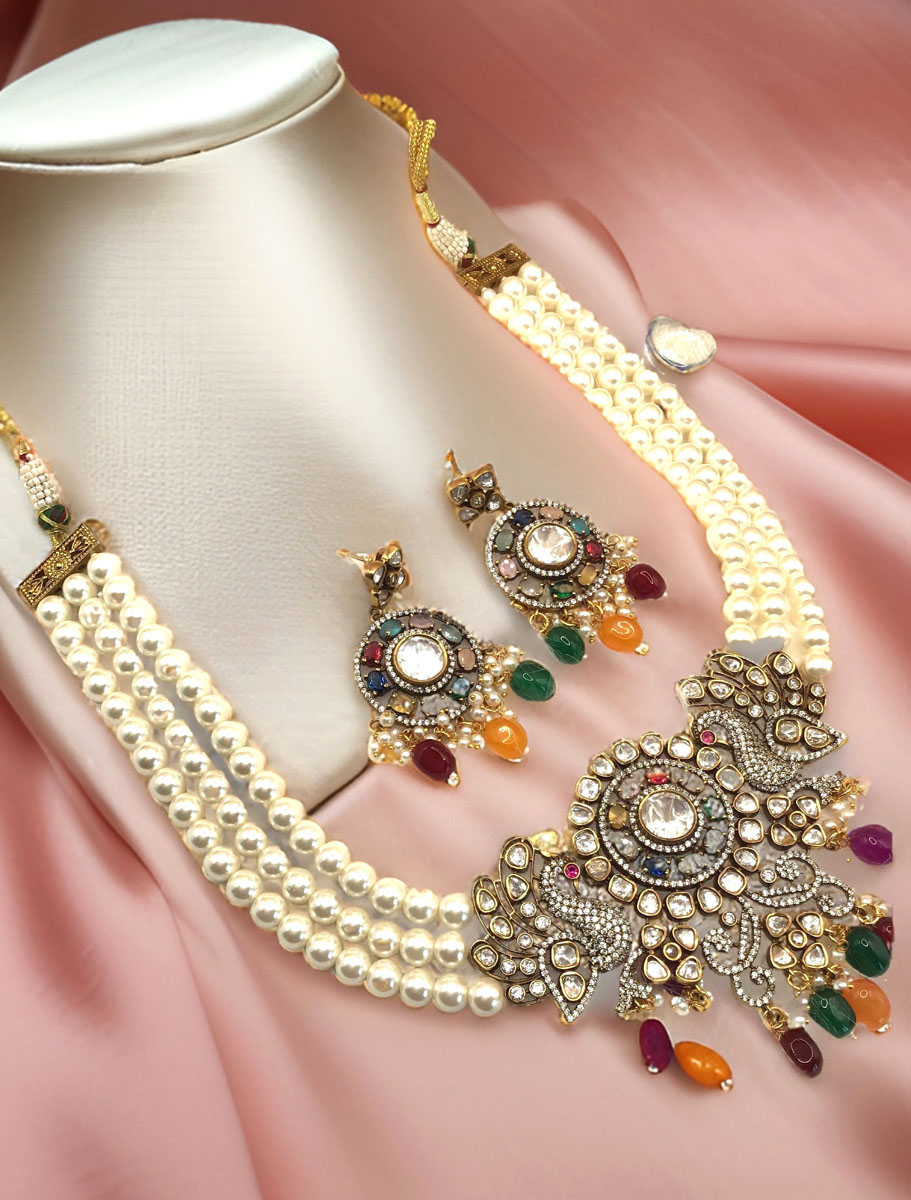 Victorian Navratan Mayur Pendant Pearl Choker Set