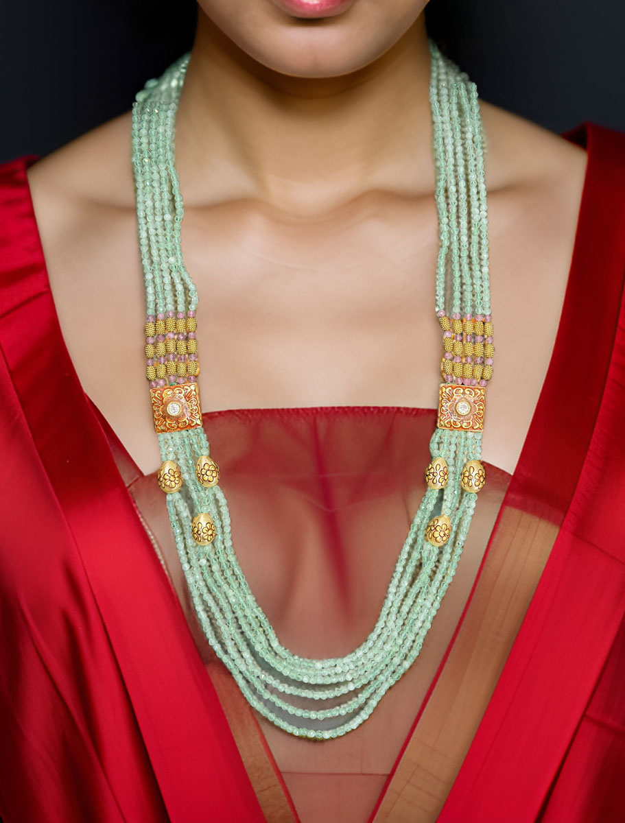 Fancy beads pista green mala and matching delicate earrings