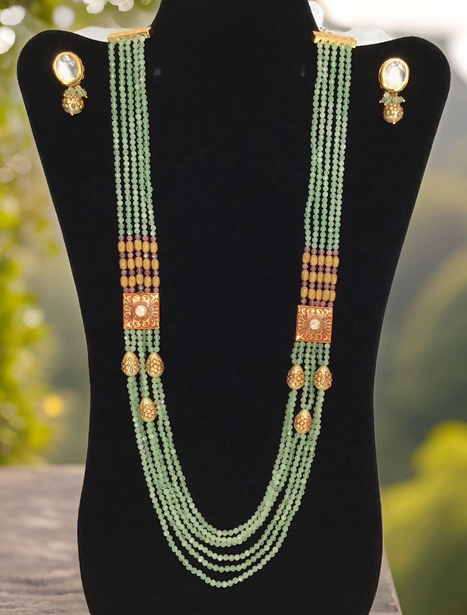 Fancy beads pista green mala and matching delicate earrings