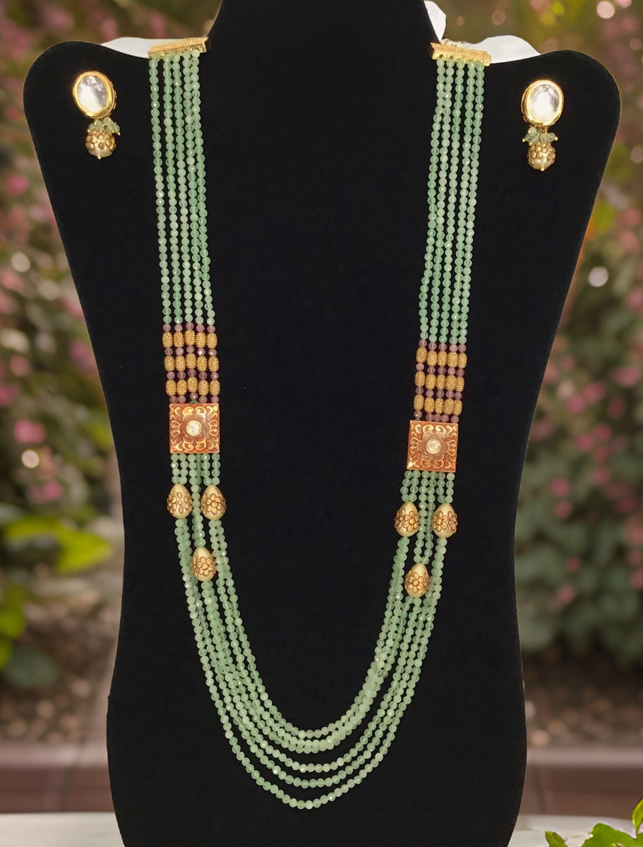 Fancy beads pista green mala and matching delicate earrings