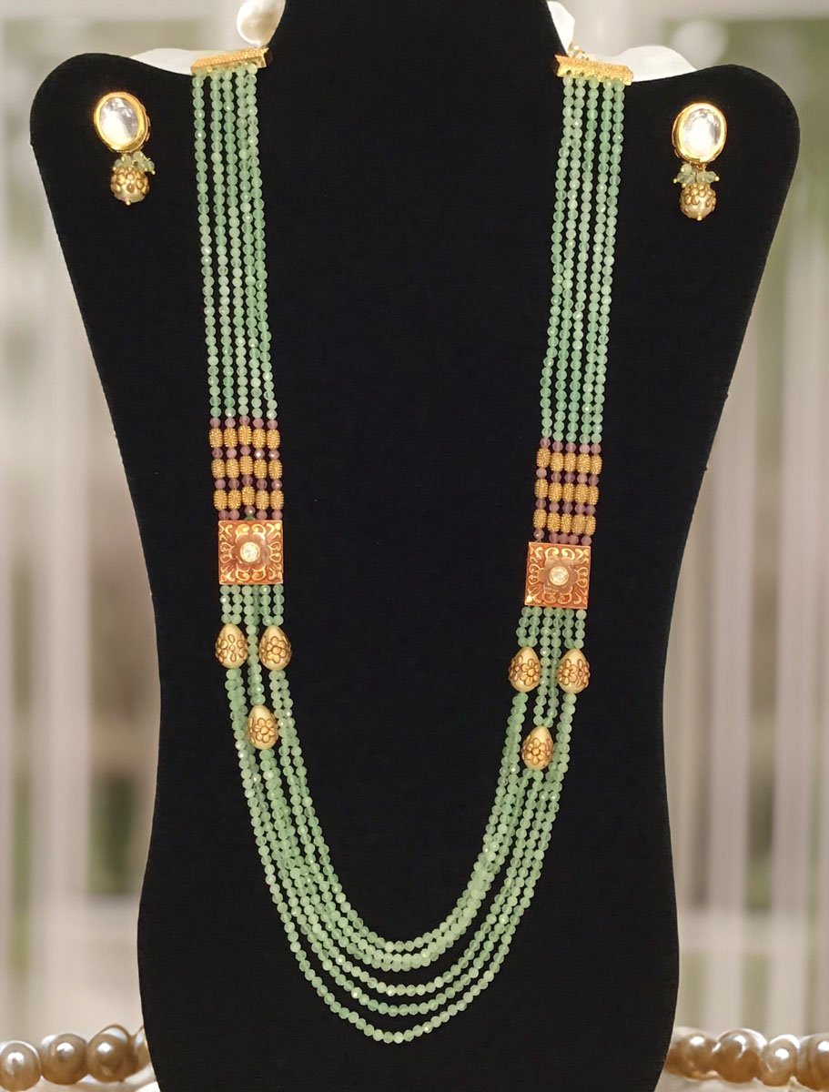 Fancy beads pista green mala and matching delicate earrings