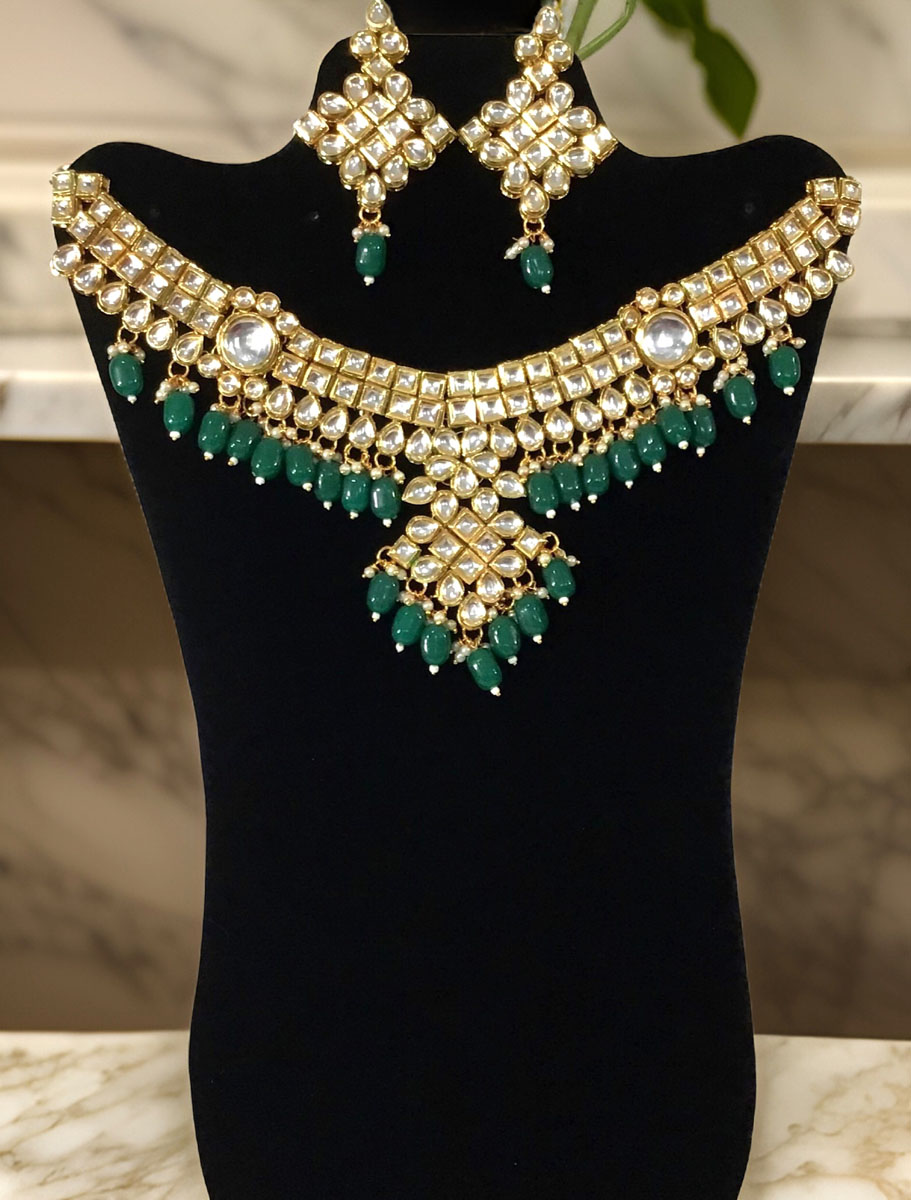 Premium Kundan choker set with green onyx beads