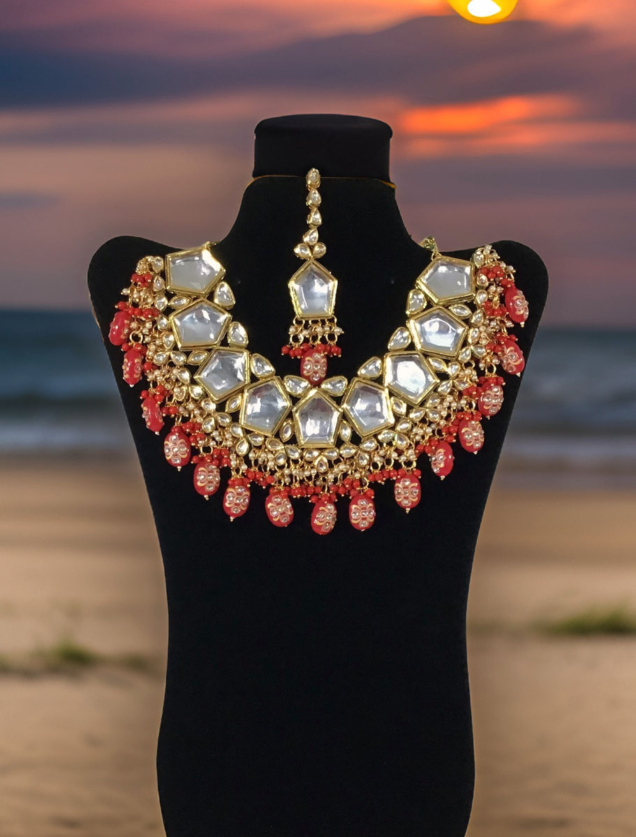 Premium Quality Kundan Set with hight quality handprinted Red hanging beads