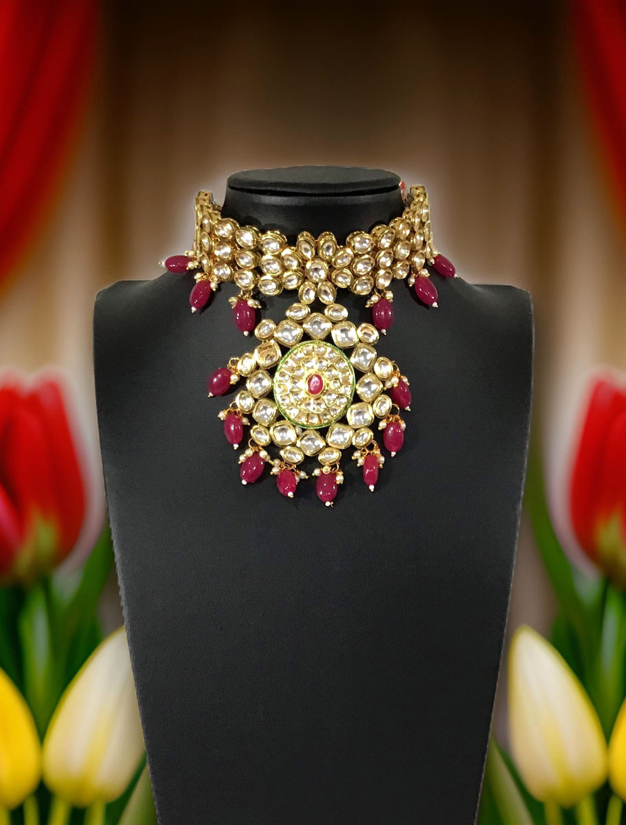 Premium Kundan choker set with red onyx beads