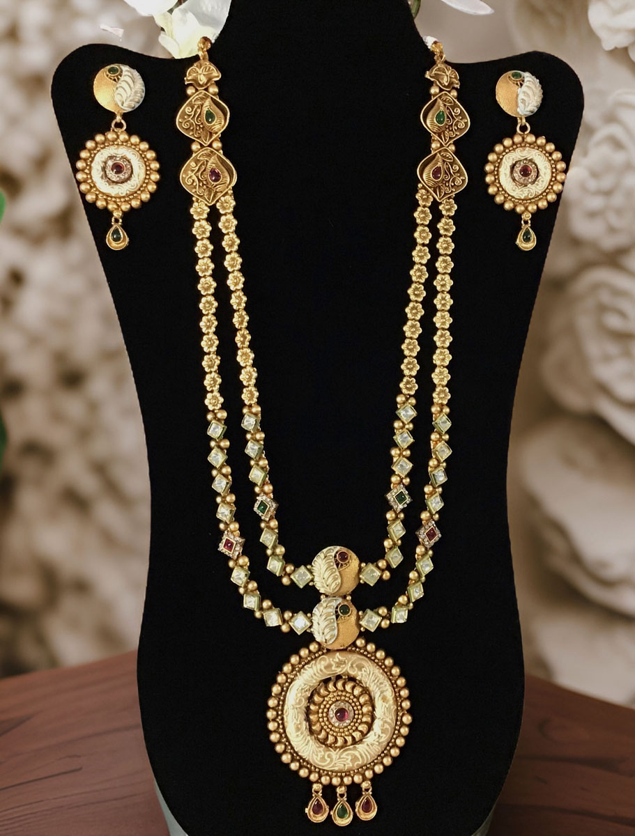 Antique Finish Rajwadi Kundan Long Necklace Set