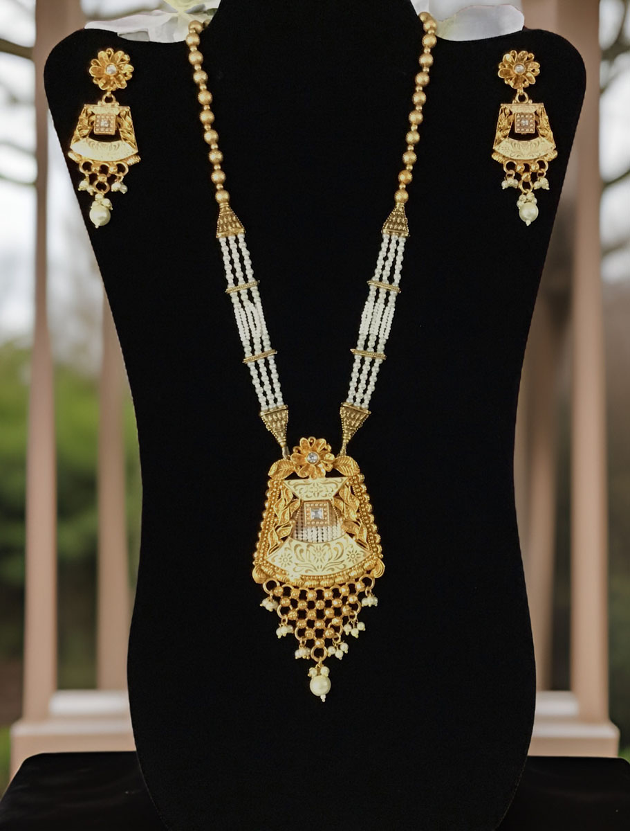 Gold Finish Rajwadi Long necklace set with pearl drops