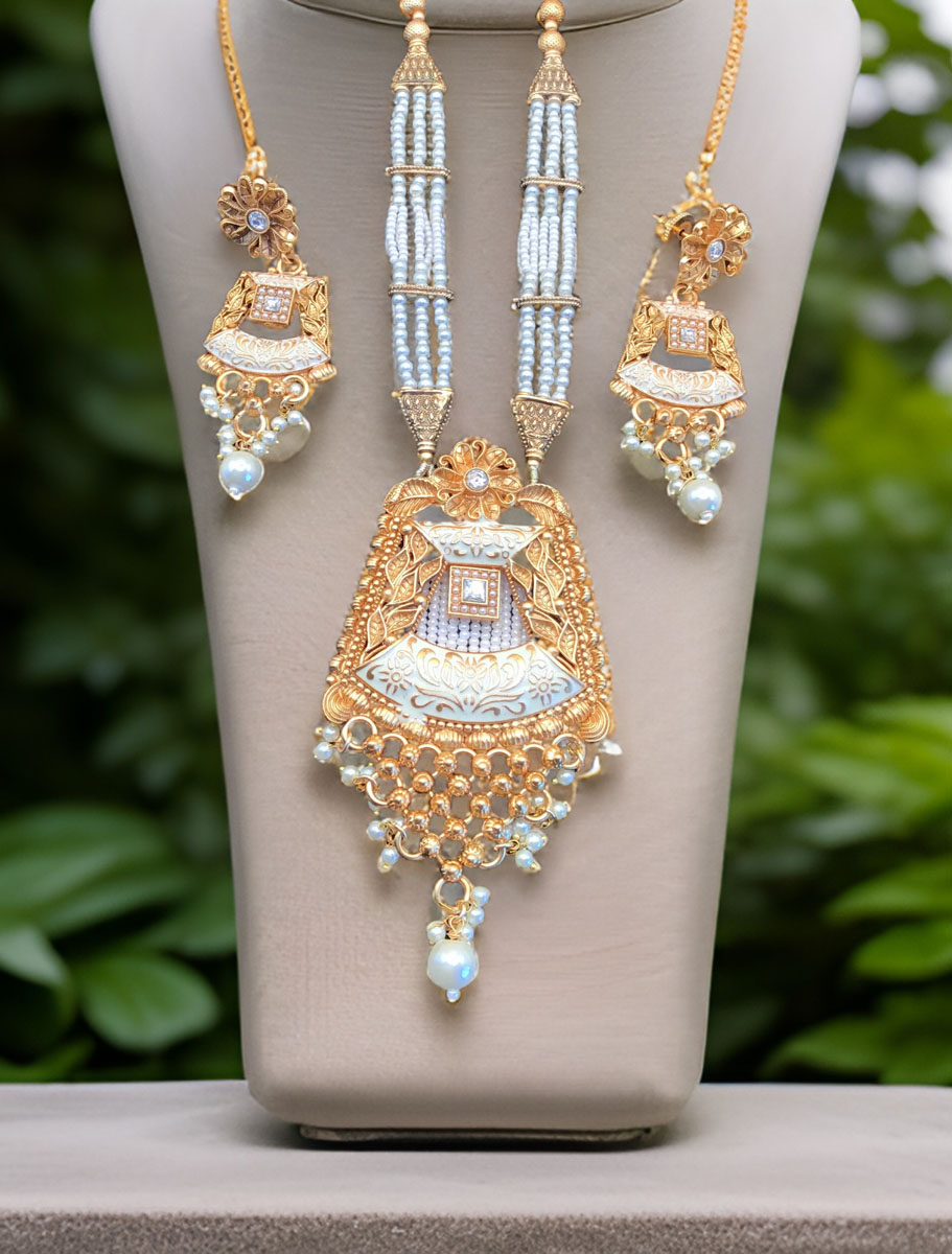 Gold Finish Rajwadi Long necklace set with pearl drops