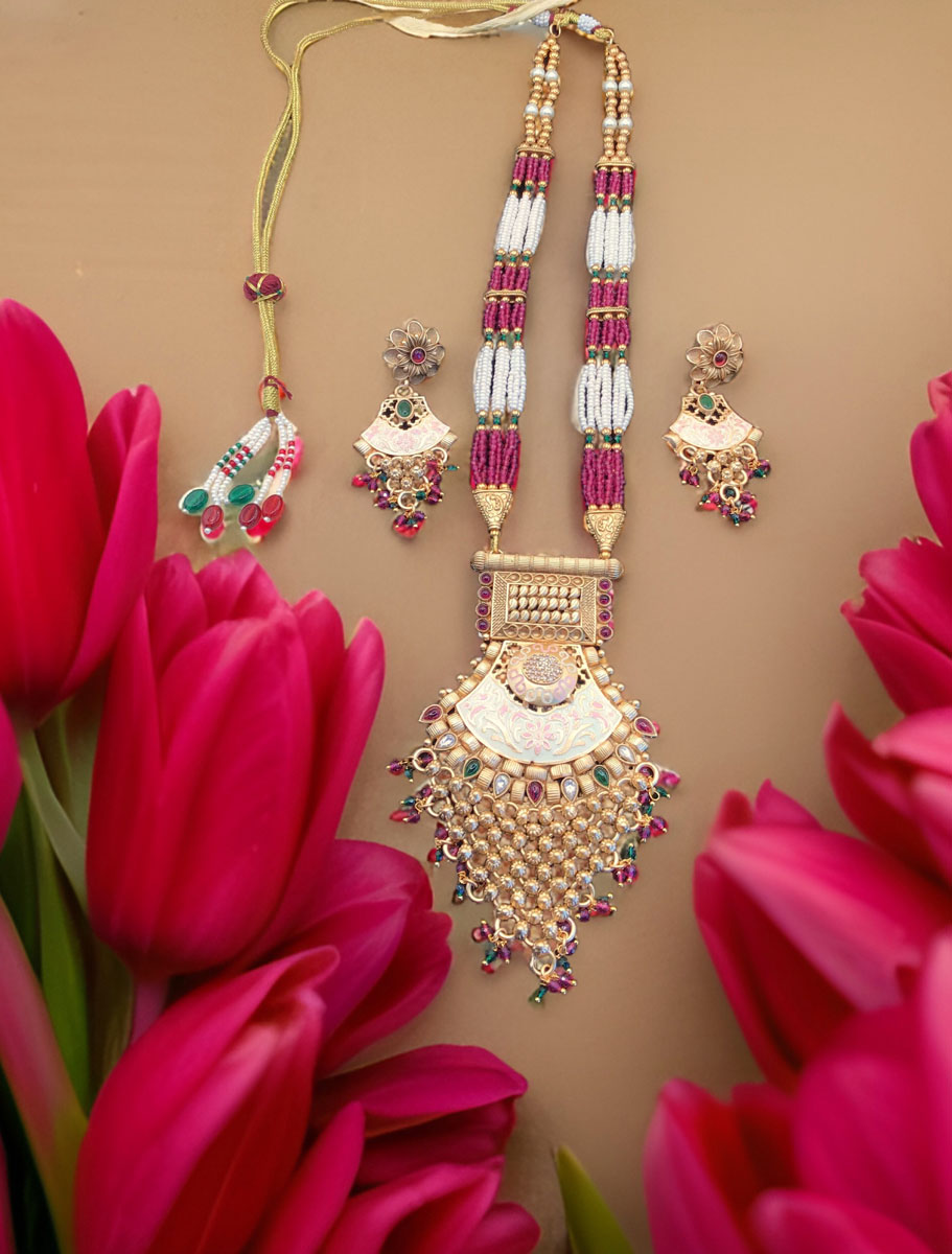 Gold-Plated Rajwadi Long Rani haar with colorful gemstones