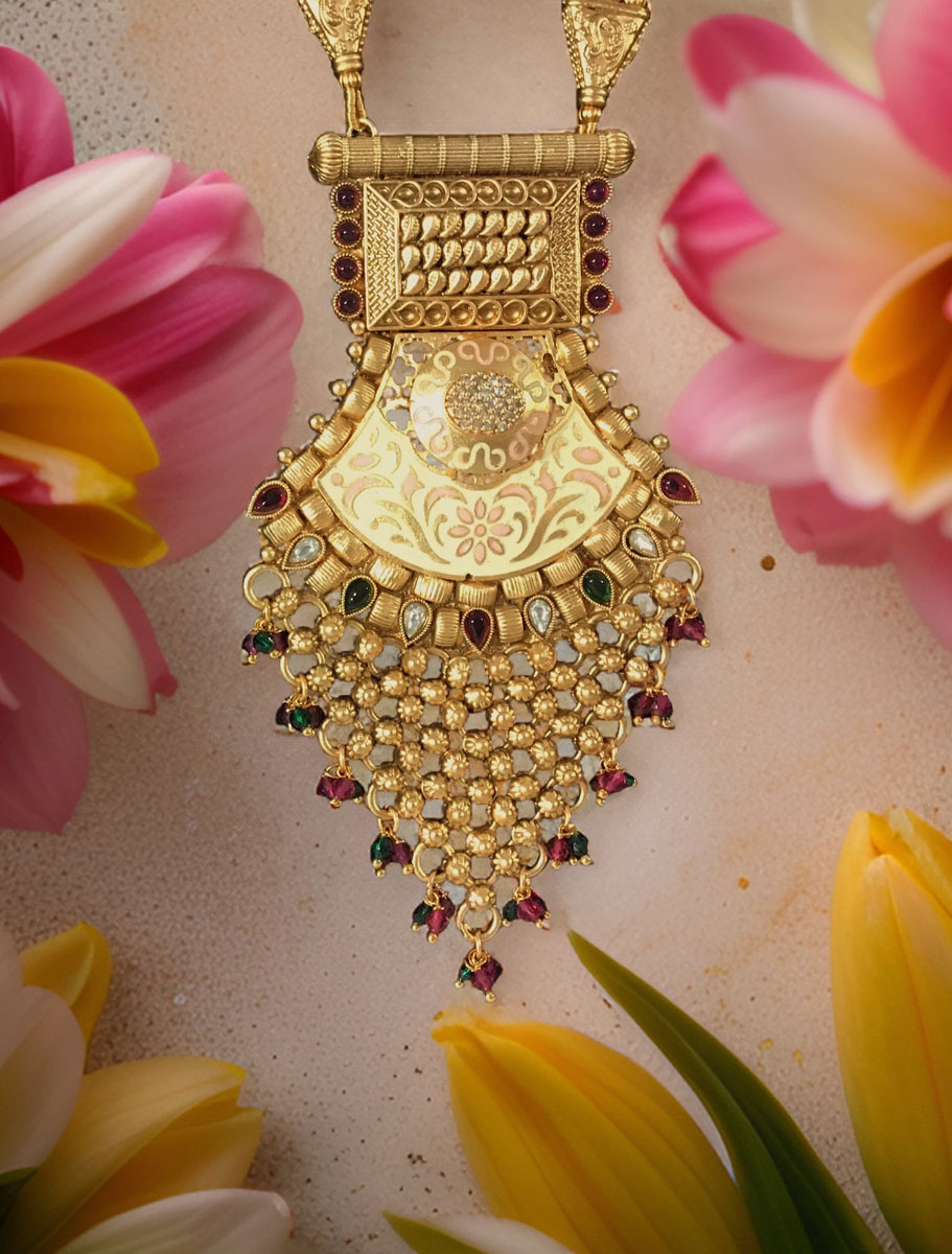 Gold-Plated Rajwadi Long Rani haar with colorful gemstones