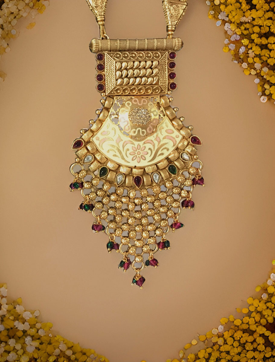 Gold-Plated Rajwadi Long Rani haar with colorful gemstones