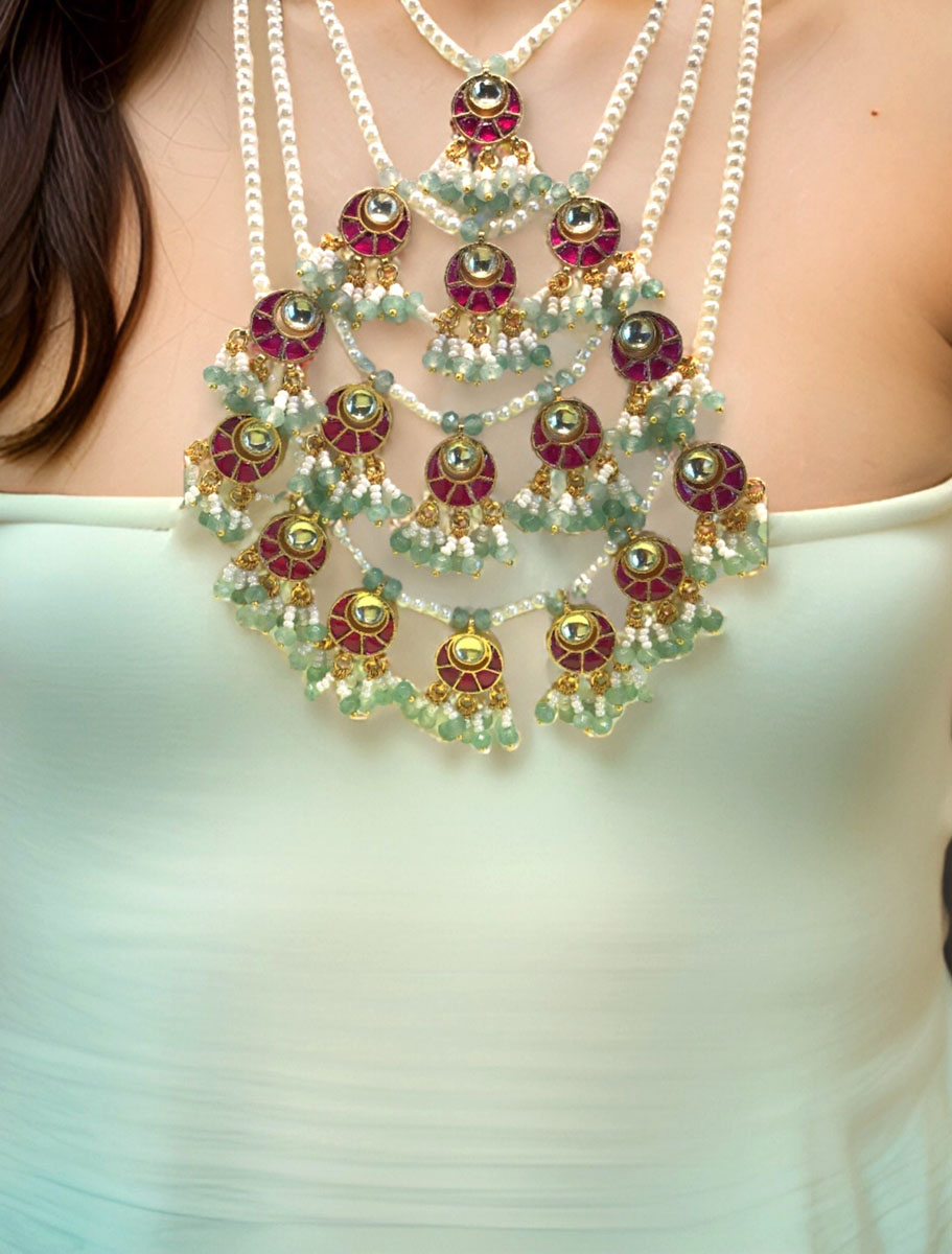 Four Layer Pearl Beaded Pachi Kundan Necklace Set