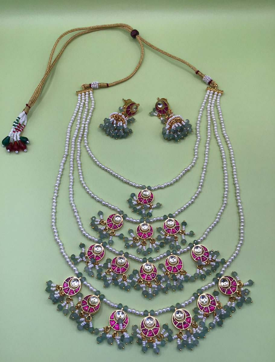 Four Layer Pearl Beaded Pachi Kundan Necklace Set