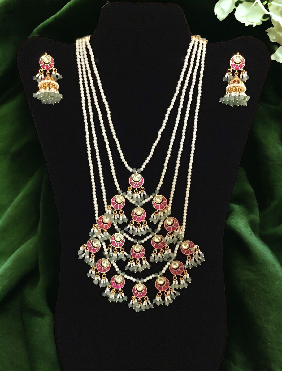 Four Layer Pearl Beaded Pachi Kundan Necklace Set