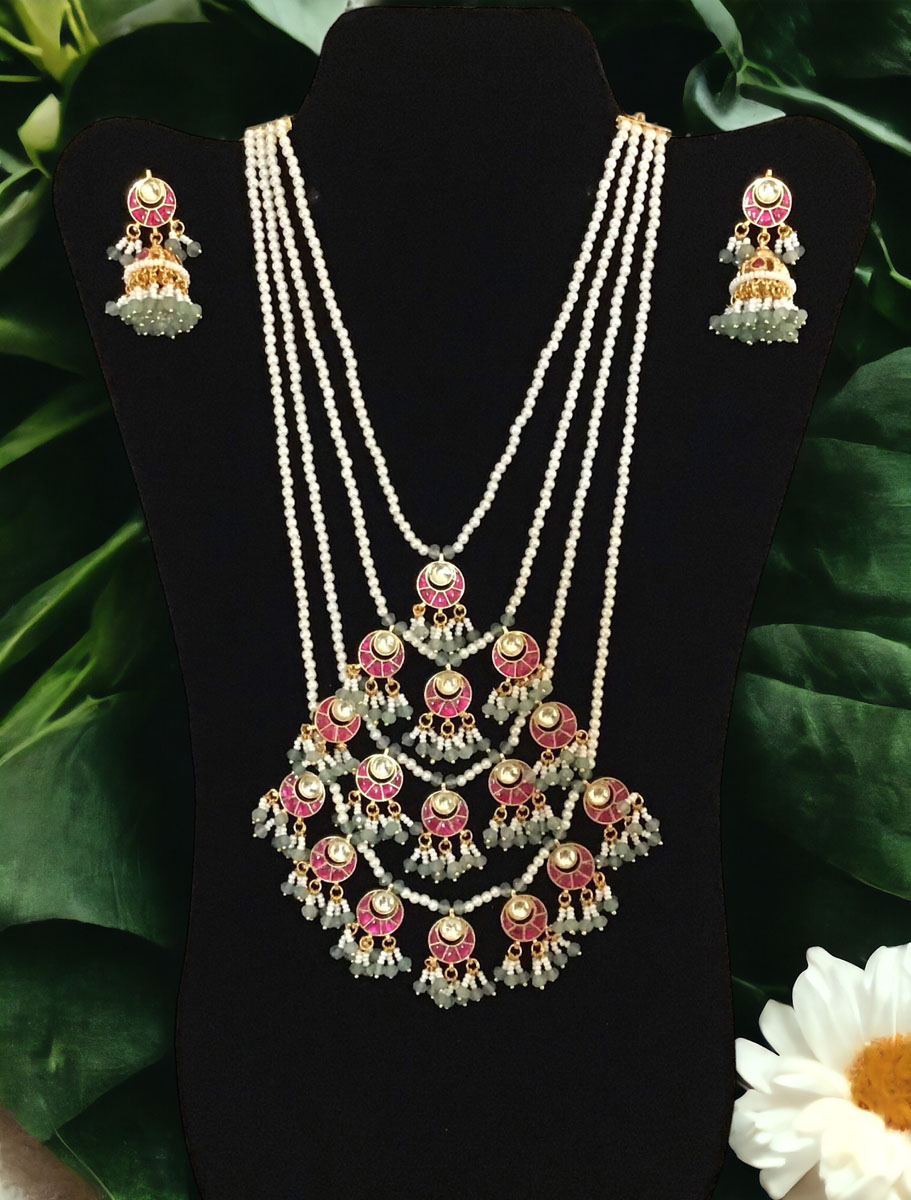 Four Layer Pearl Beaded Pachi Kundan Necklace Set