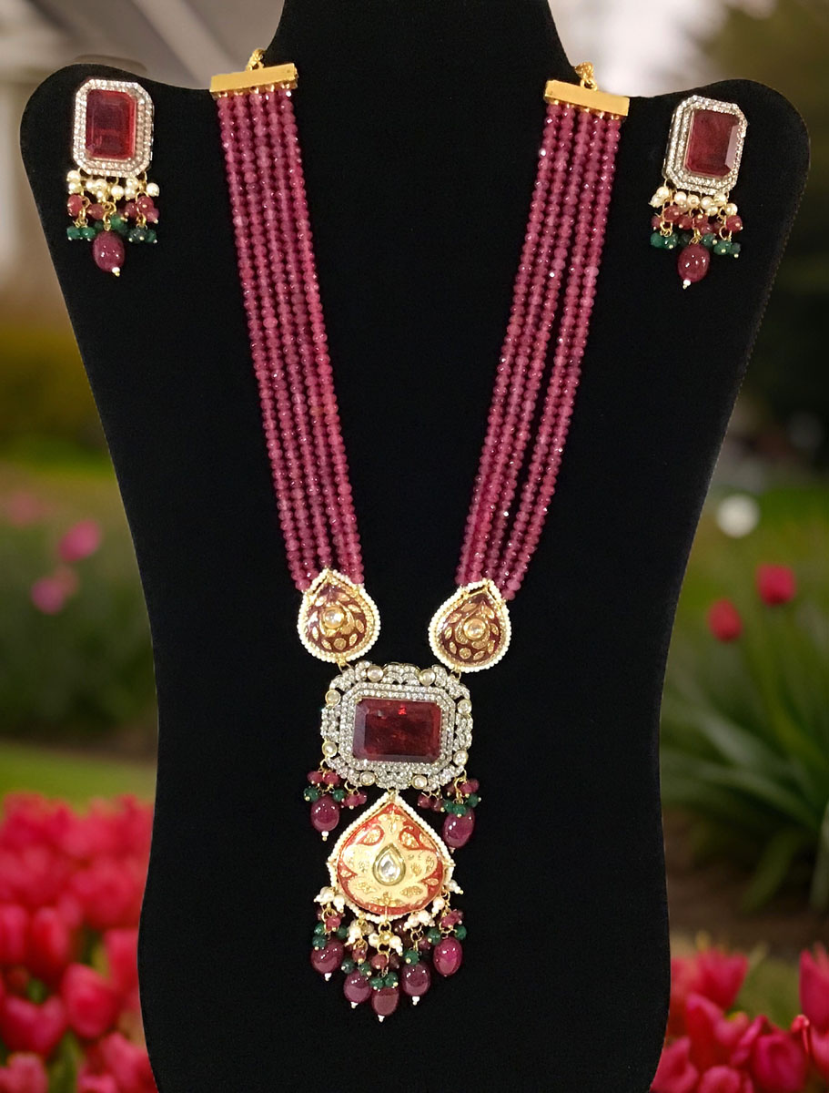 Stylish Ruby Kundan/Monalisa long necklace set