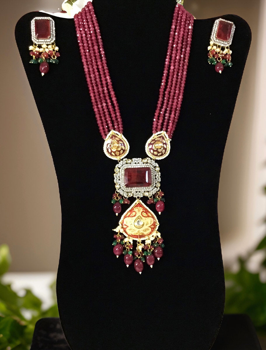 Stylish Ruby Kundan/Monalisa long necklace set