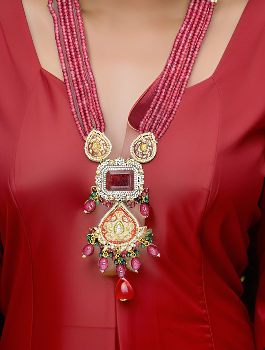 Stylish Ruby Kundan/Monalisa long necklace set