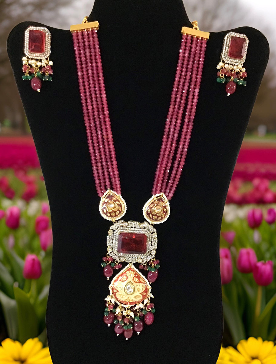 Stylish Ruby Kundan/Monalisa long necklace set