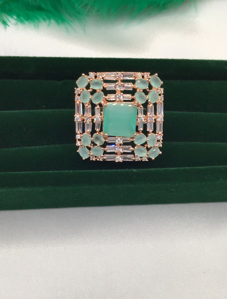 Square shaped Mint Green AD/CZ Ring in Rosegold