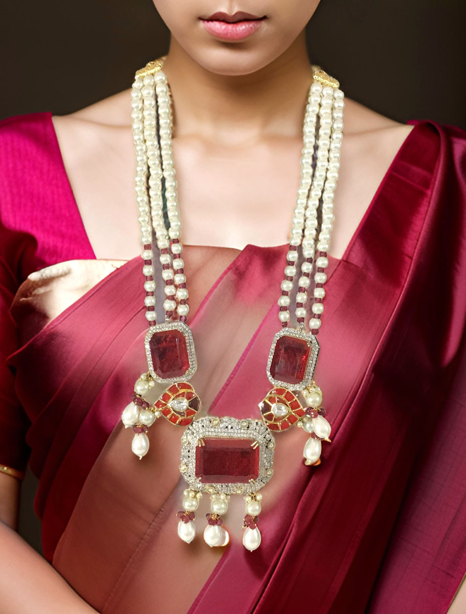 Ruby Diamond Pearl Long Necklace Set