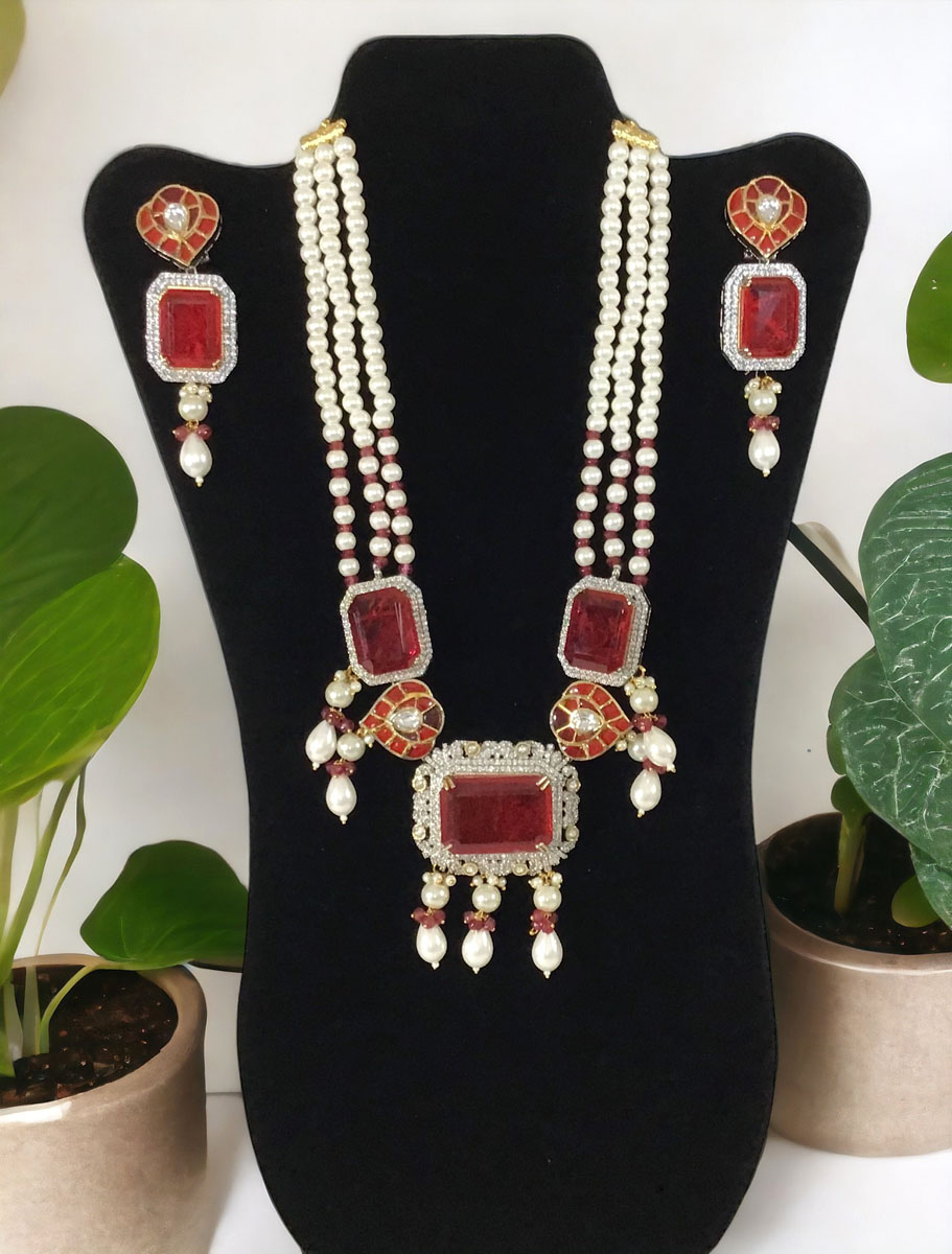 Ruby Diamond Pearl Long Necklace Set