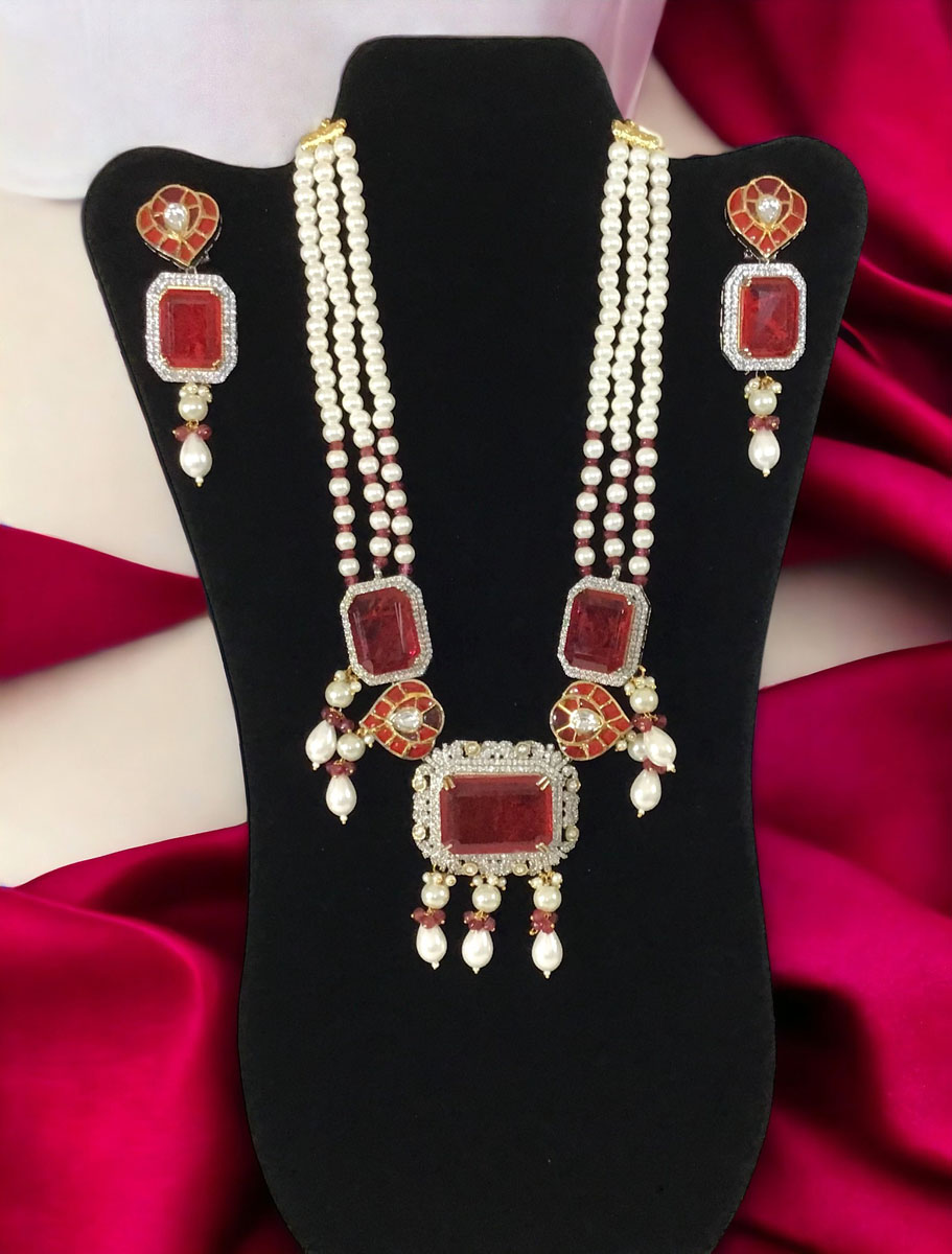 Ruby Diamond Pearl Long Necklace Set