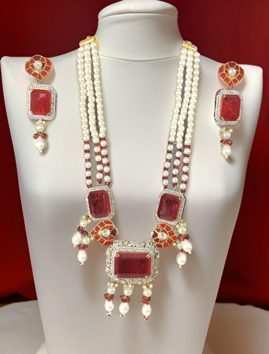 Ruby Diamond Pearl Long Necklace Set