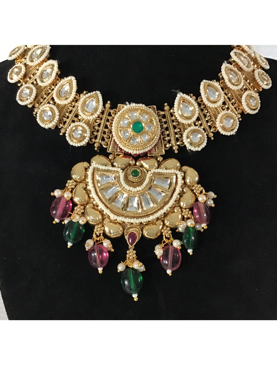 Antique Gold Rajwadi CZ Stone Necklace Set