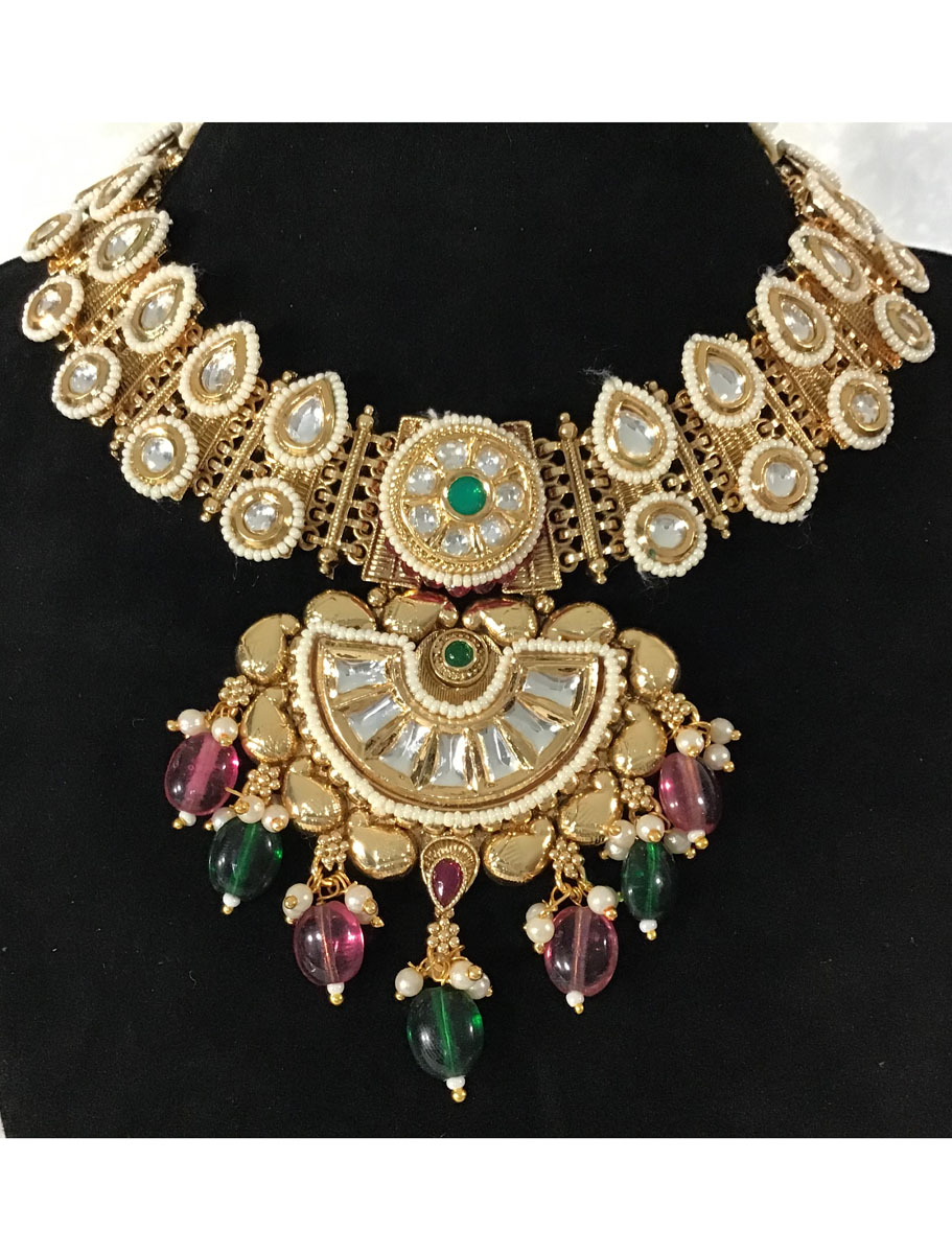 Antique Gold Rajwadi CZ Stone Necklace Set