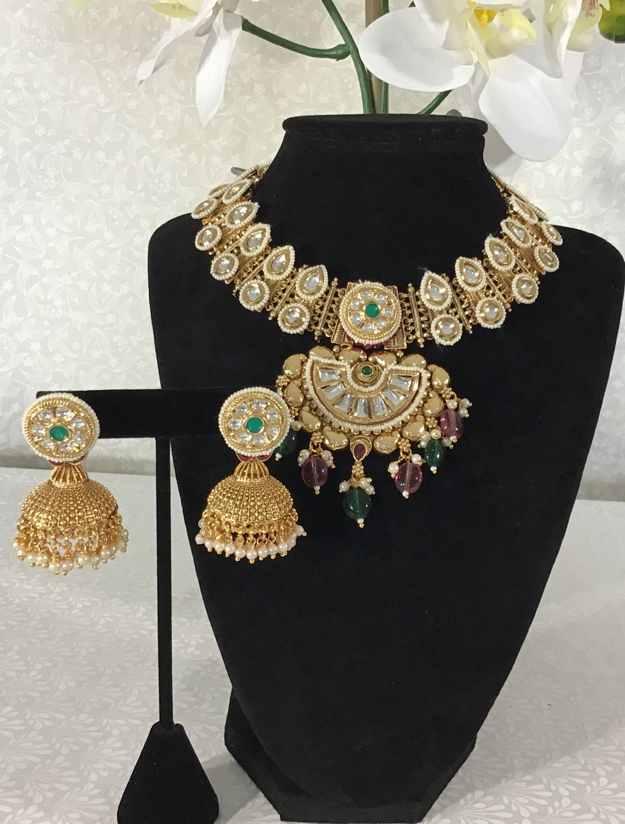 Antique Gold CZ Rajwadi Necklace Set