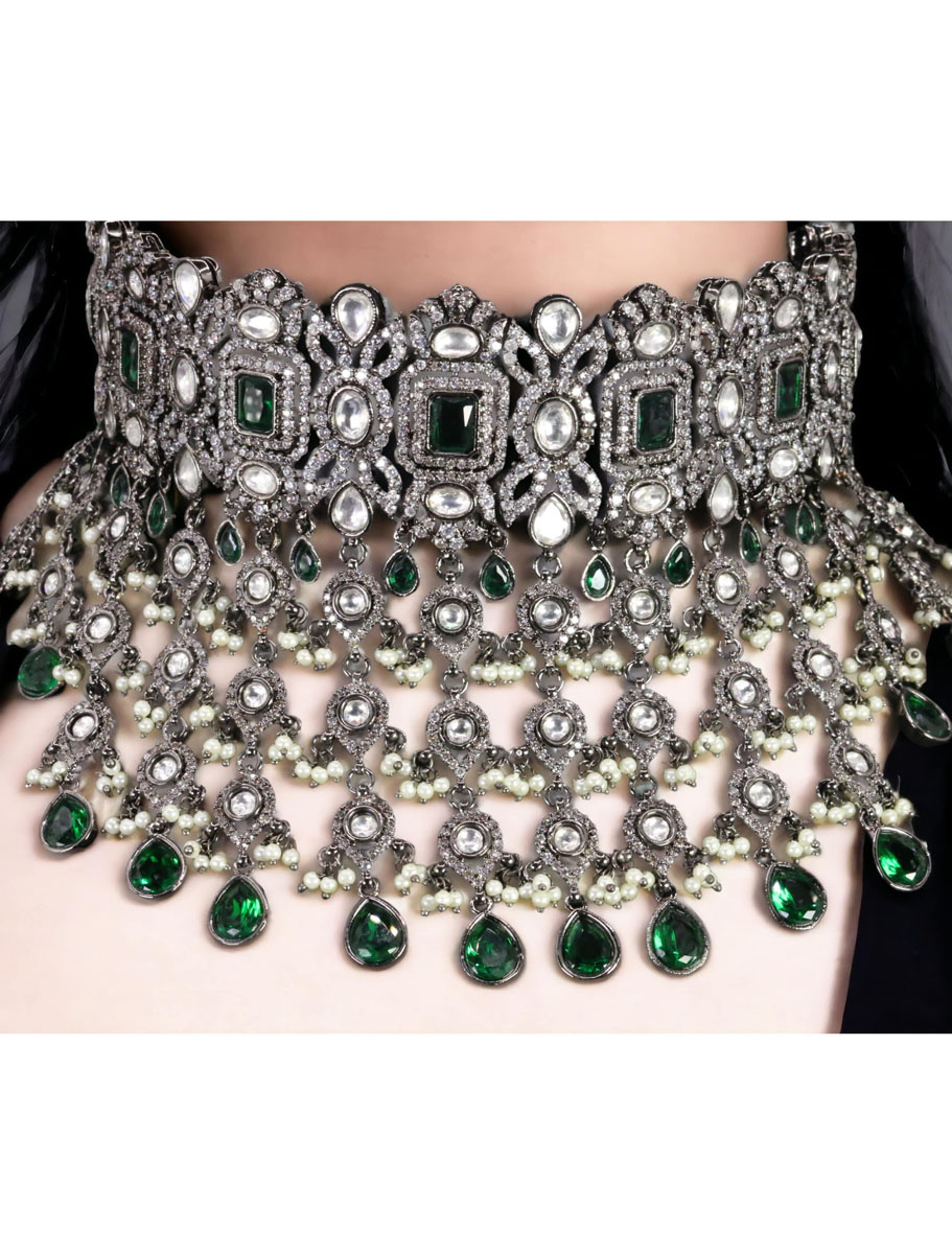 Sabyasachi inspired Victorian Necklace Set with CZ and Emerald green stones