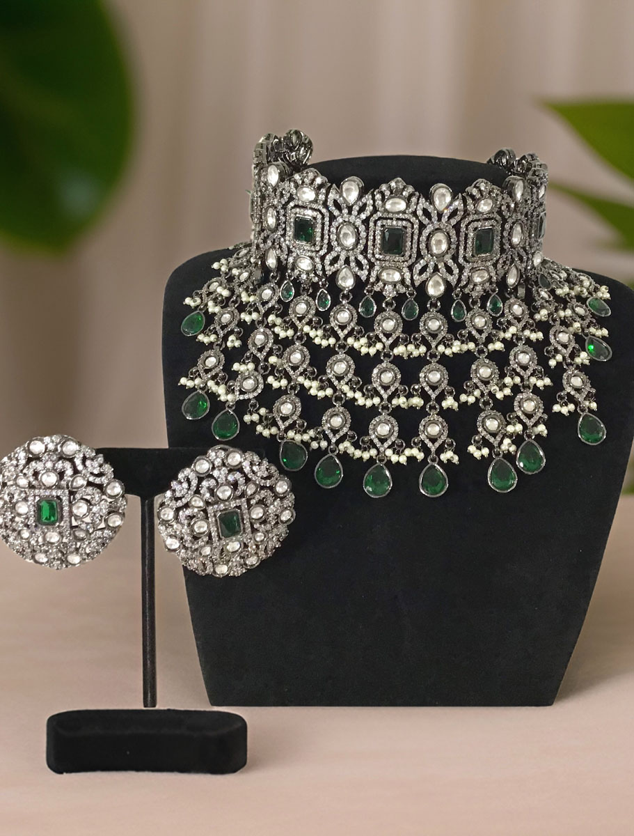 Sabyasachi inspired Victorian Necklace Set with CZ and Emerald green stones