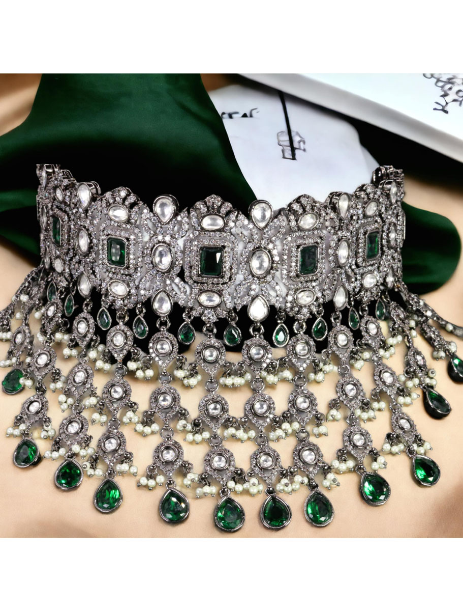 Sabyasachi inspired Victorian Necklace Set with CZ and Emerald green stones