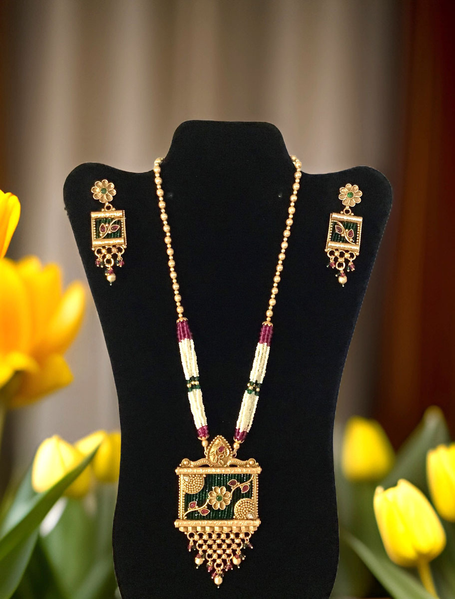 Rajwadi Polki Long Necklace Set