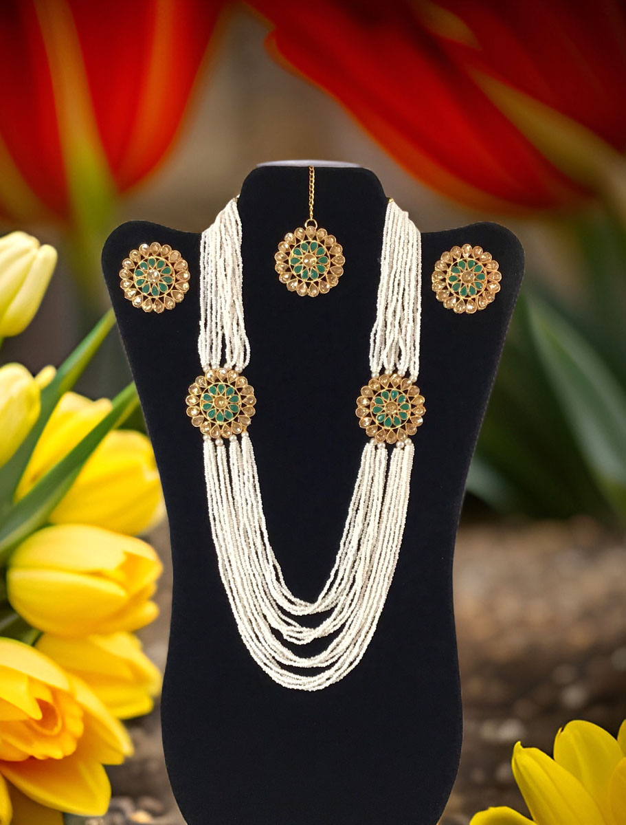 Meenakari Pearl Choker and Long Necklace Combo Set with Maangtika