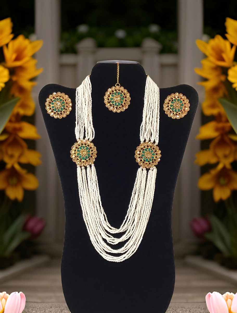 Meenakari Pearl Choker and Long Necklace Combo Set with Maangtika