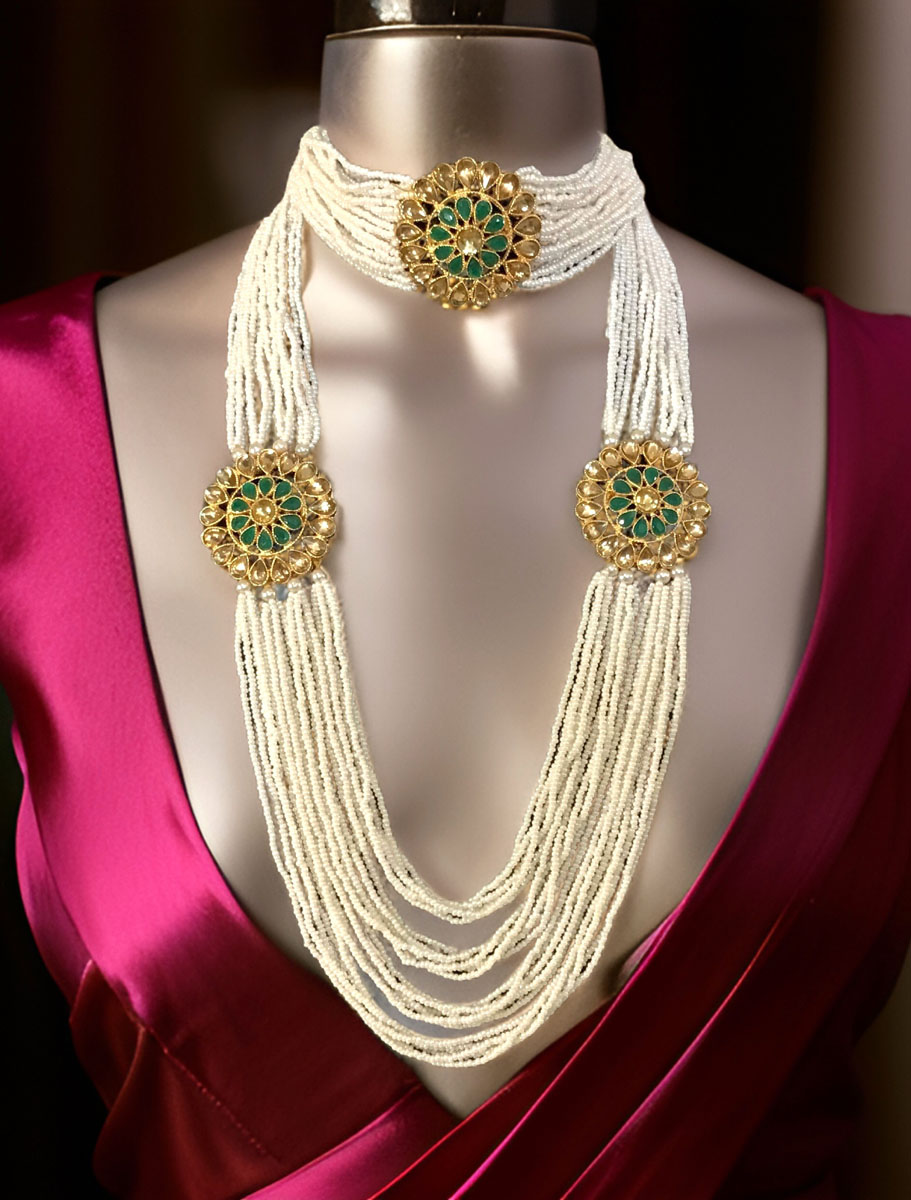 Meenakari Pearl Choker and Long Necklace Combo Set with Maangtika