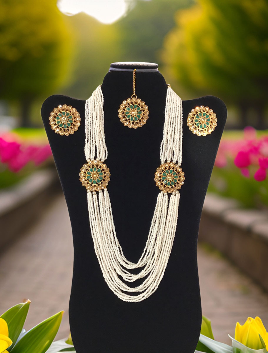 Meenakari Pearl Choker and Long Necklace Combo Set with Maangtika