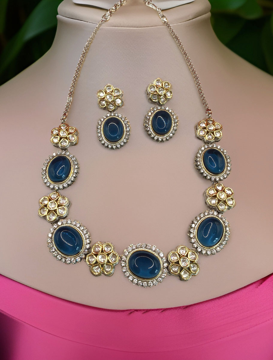 Real Kundan with Blue Monalisa Stones Necklace Set