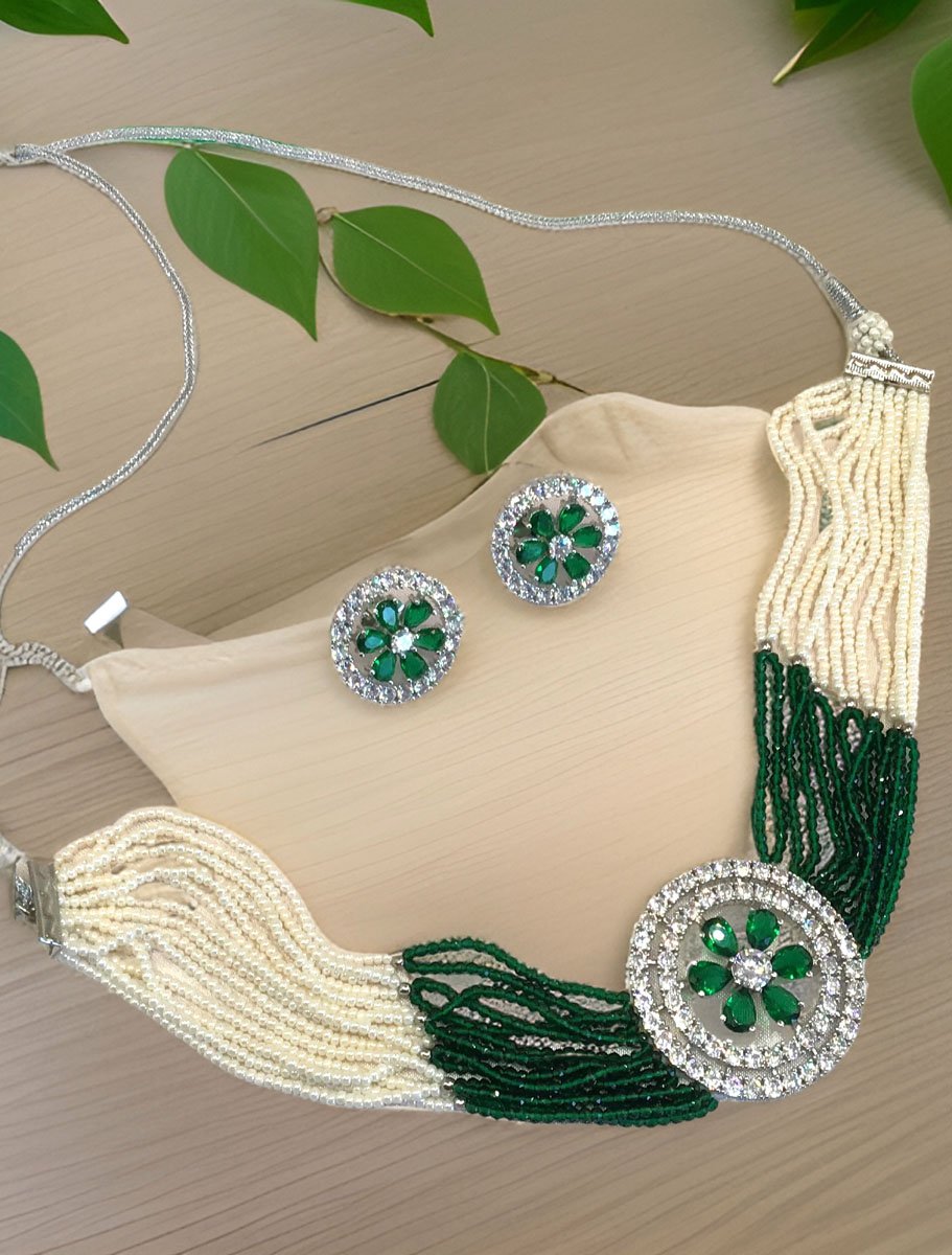 CZ Brooch Beaded Choker Set