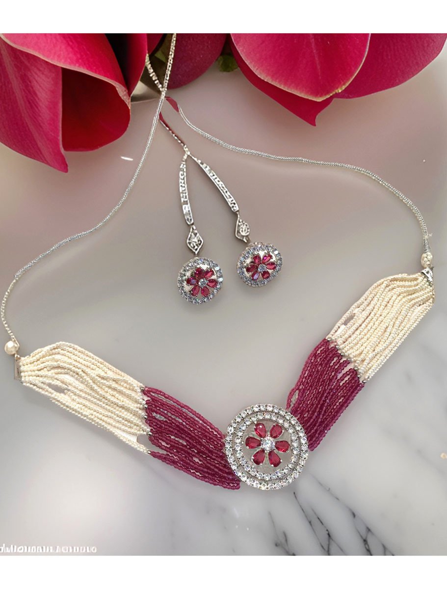 CZ Brooch Beaded Choker Set