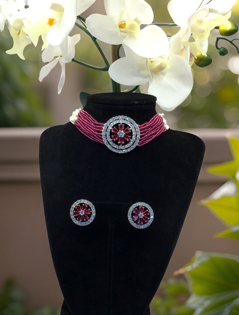 CZ Brooch Beaded Choker Set