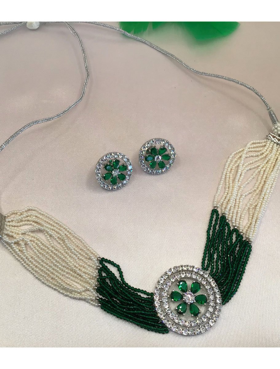 CZ Brooch Beaded Choker Set