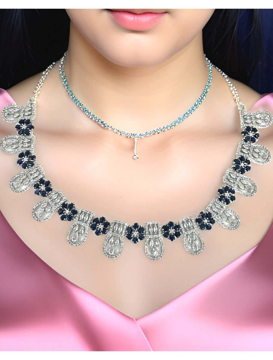 Sapphire Blue American Diamond CZ Necklace Set